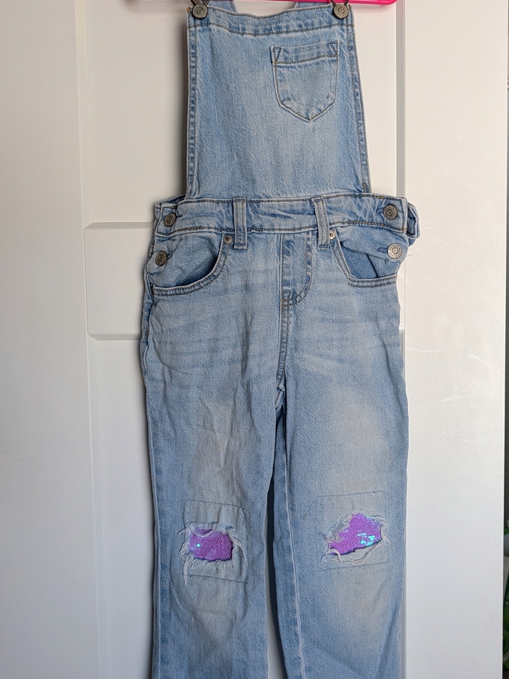 Cat & Jack Light Blue Denim Overalls with Purple Sequin Knee Patches